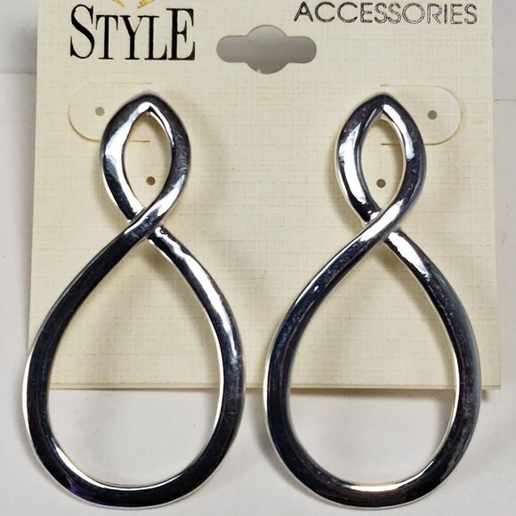 Silver-Tone Sculptural Teardrop Open Loop Earrings Bold Modern Statement Jewelry - Picture 3 of 7